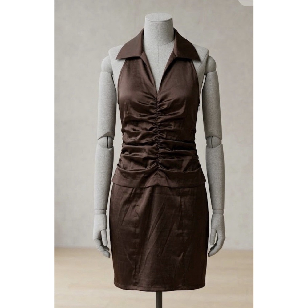 Tadashi Collection Dress Womens Medium Brown Satin Collared Ruched Mini Cocktail